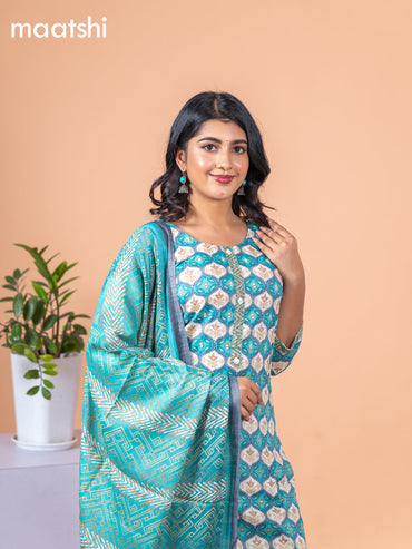 Rayon salwar suit teal blue and off white with allover prints & mirror work neck pattern and straight cut pant & dupatta