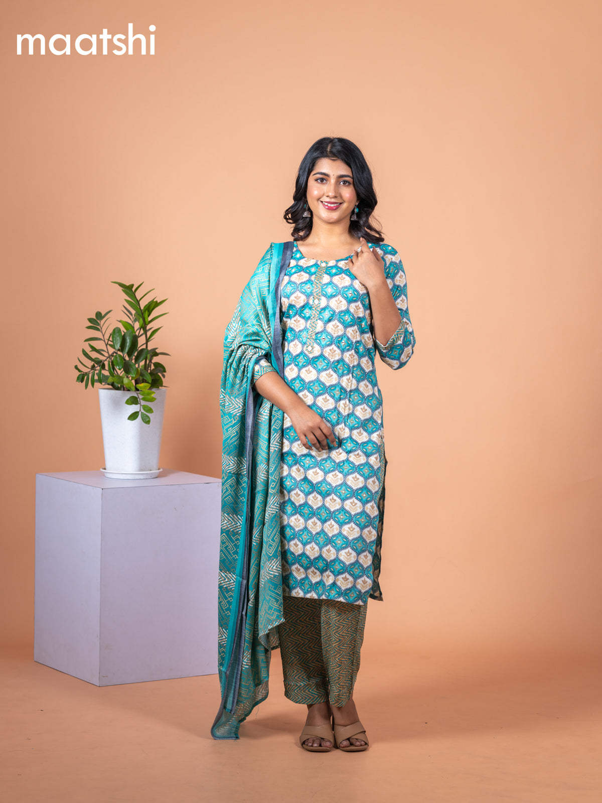Rayon salwar suit teal blue and off white with allover prints & mirror work neck pattern and straight cut pant & dupatta