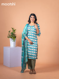 Rayon salwar suit teal blue and off white with allover prints & mirror work neck pattern and straight cut pant & dupatta