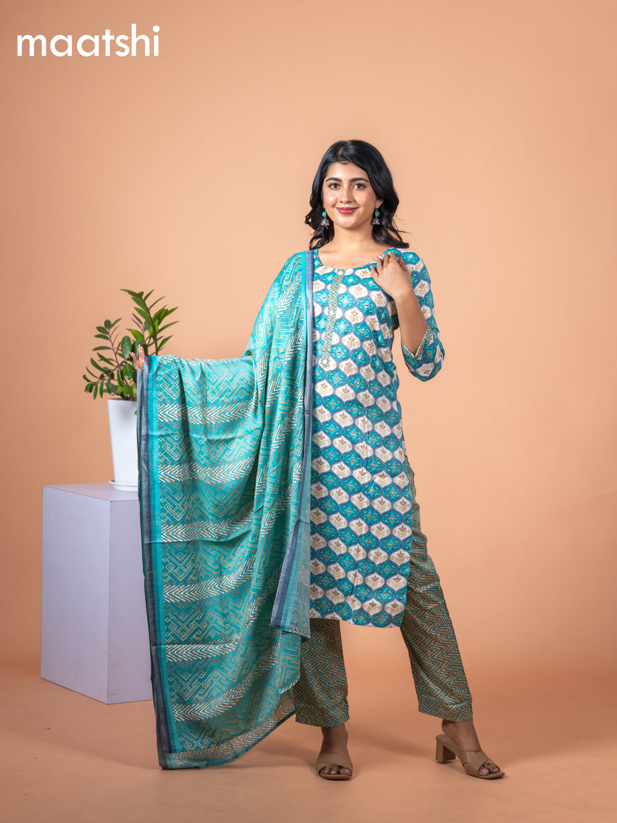 Rayon salwar suit teal blue and off white with allover prints & mirror work neck pattern and straight cut pant & dupatta