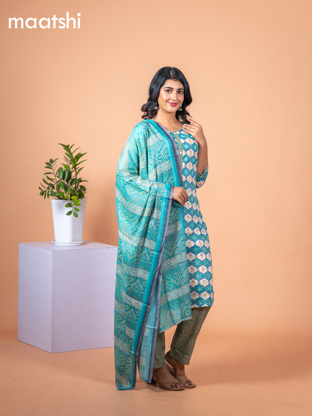 Rayon salwar suit teal blue and off white with allover prints & mirror work neck pattern and straight cut pant & dupatta