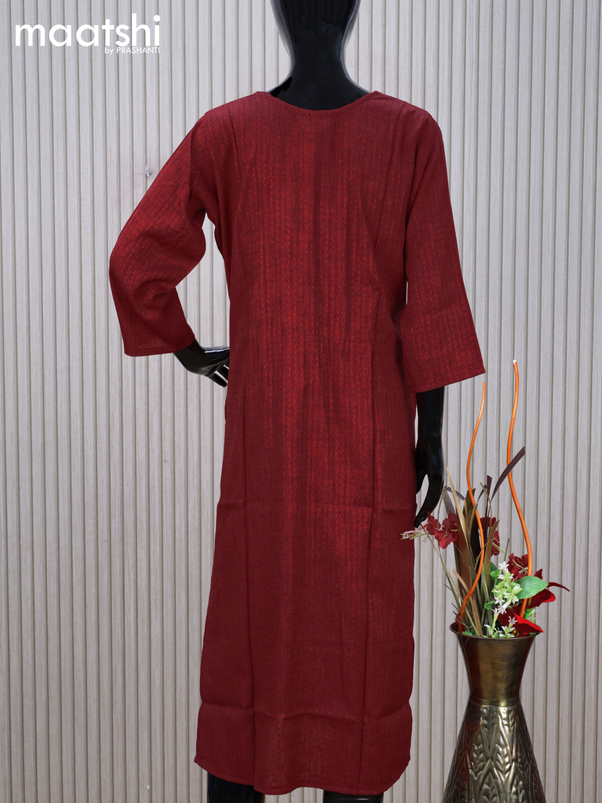 Cotton readymade kurti maroon with embroidery mirror work neck pattern without pant