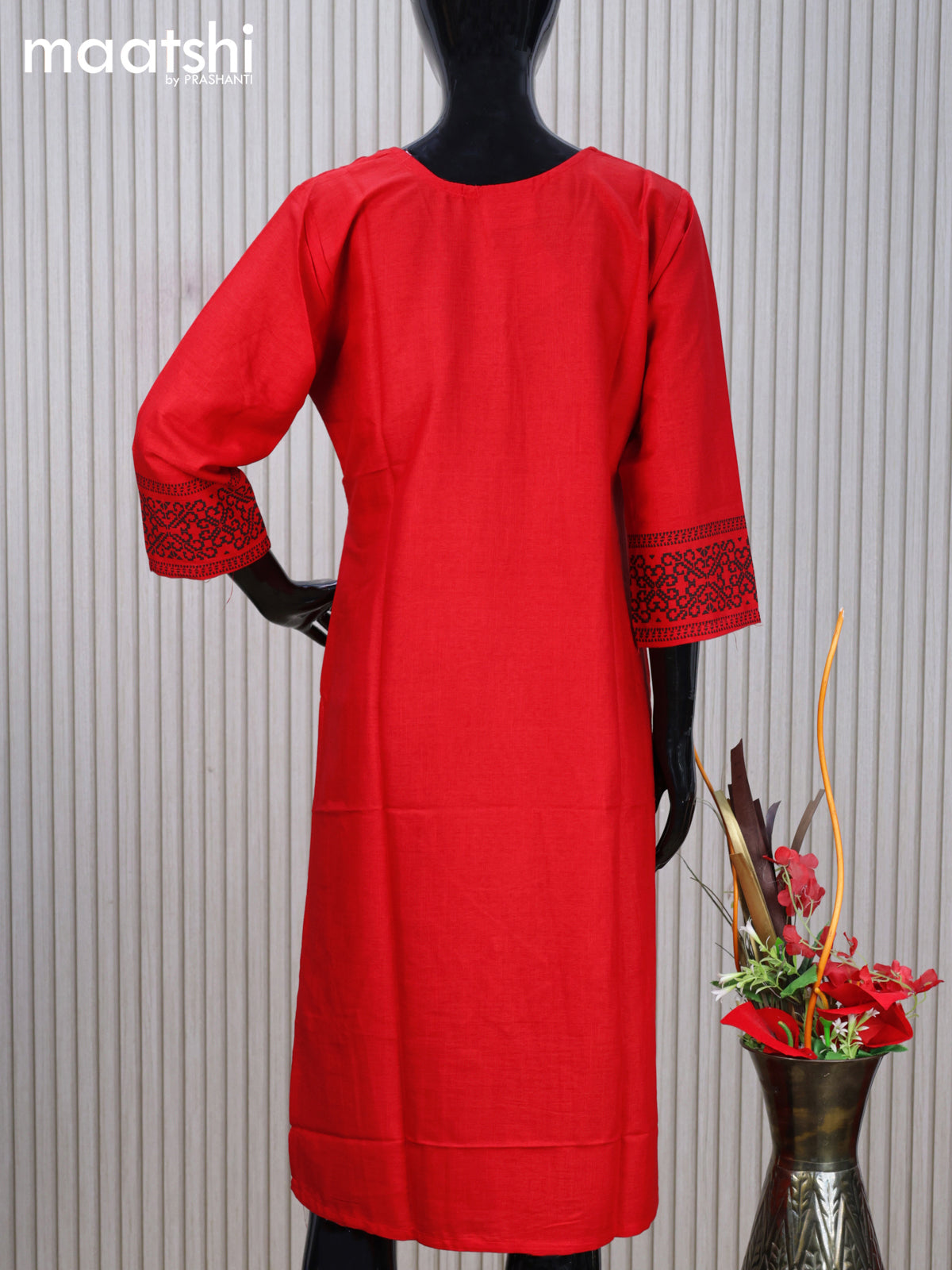 Cotton readymade kurti red with allover prints & simple mirror work neck pattern without pant