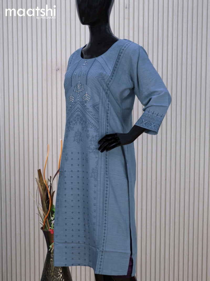 Cotton readymade kurti blue shade with allover prints & mirror work neck pattern without pant