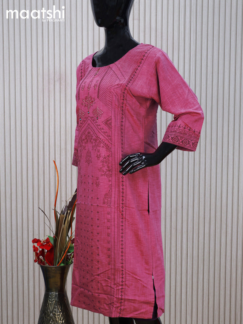 Cotton readymade kurti mauve pink with allover prints & mirror work neck pattern without pant