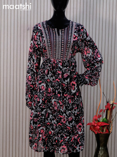 Chiffon readymade tunic top black with allover prints & embroidery work neck pattern without pant