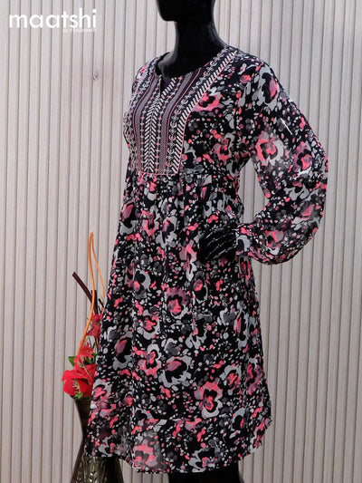 Chiffon readymade tunic top black with allover prints & embroidery work neck pattern without pant