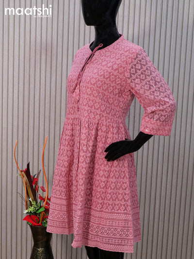 Semi georgette readymade tunic top mauve pink with allover chikankari work & simple neck pattern without pant