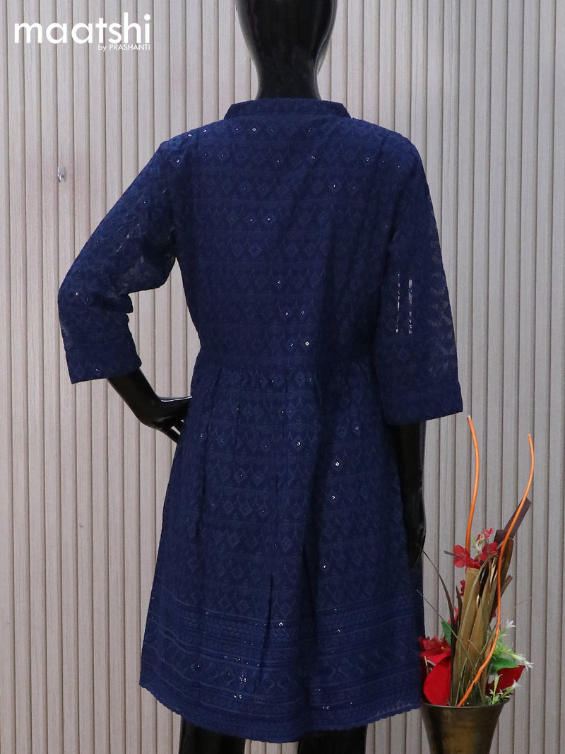 Semi georgette readymade tunic top navy blue with allover chikankari work & simple neck pattern without pant