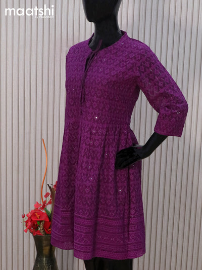 Semi georgette readymade tunic top dark purple with allover chikankari work & simple neck pattern without pant