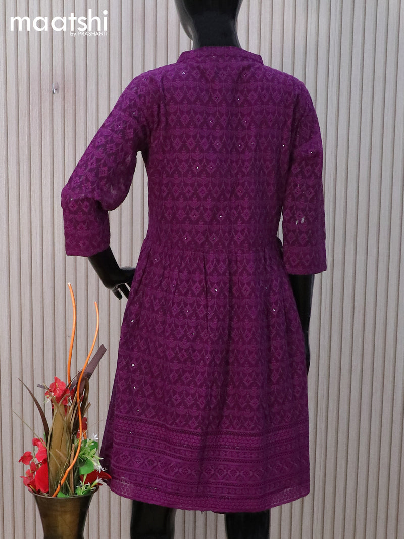 Semi georgette readymade tunic top dark purple with allover chikankari work & simple neck pattern without pant