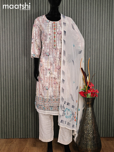 Cotton readymade salwar suit multi colour and cream with embroidery work & mirror work neck pattern and stright cut pant & chiffon dupatta