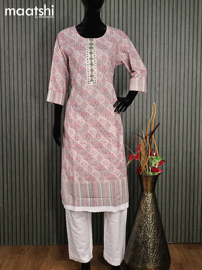 Cotton readymade salwar suit grey shade and off white with allover prints & embroidery work and stright cut pant & chiffon dupatta