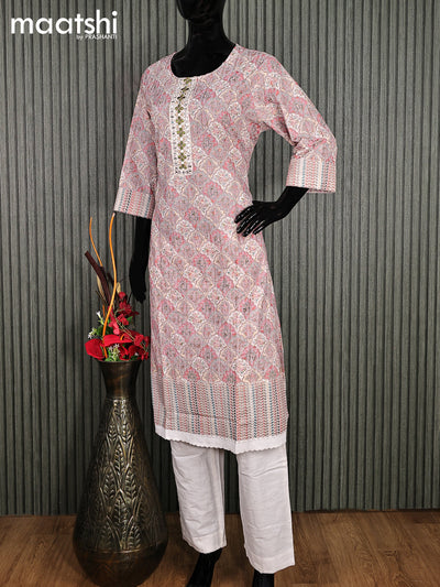 Cotton readymade salwar suit grey shade and off white with allover prints & embroidery work and stright cut pant & chiffon dupatta