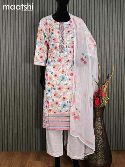 Cotton readymade salwar suit off white with floral prints & embroidery work and stright cut pant & chiffon dupatta