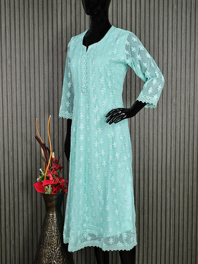 Semi georgette readymade anarkali kurti teal blue with allover chikankari work & simple neck pattern without pant
