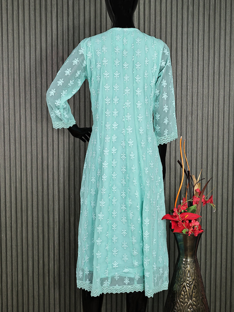 Semi georgette readymade anarkali kurti teal blue with allover chikankari work & simple neck pattern without pant