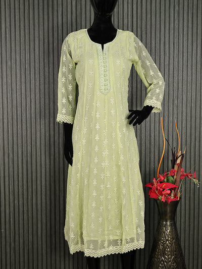 Semi georgette readymade anarkali kurti pista green with allover chikankari work & simple neck pattern without pant