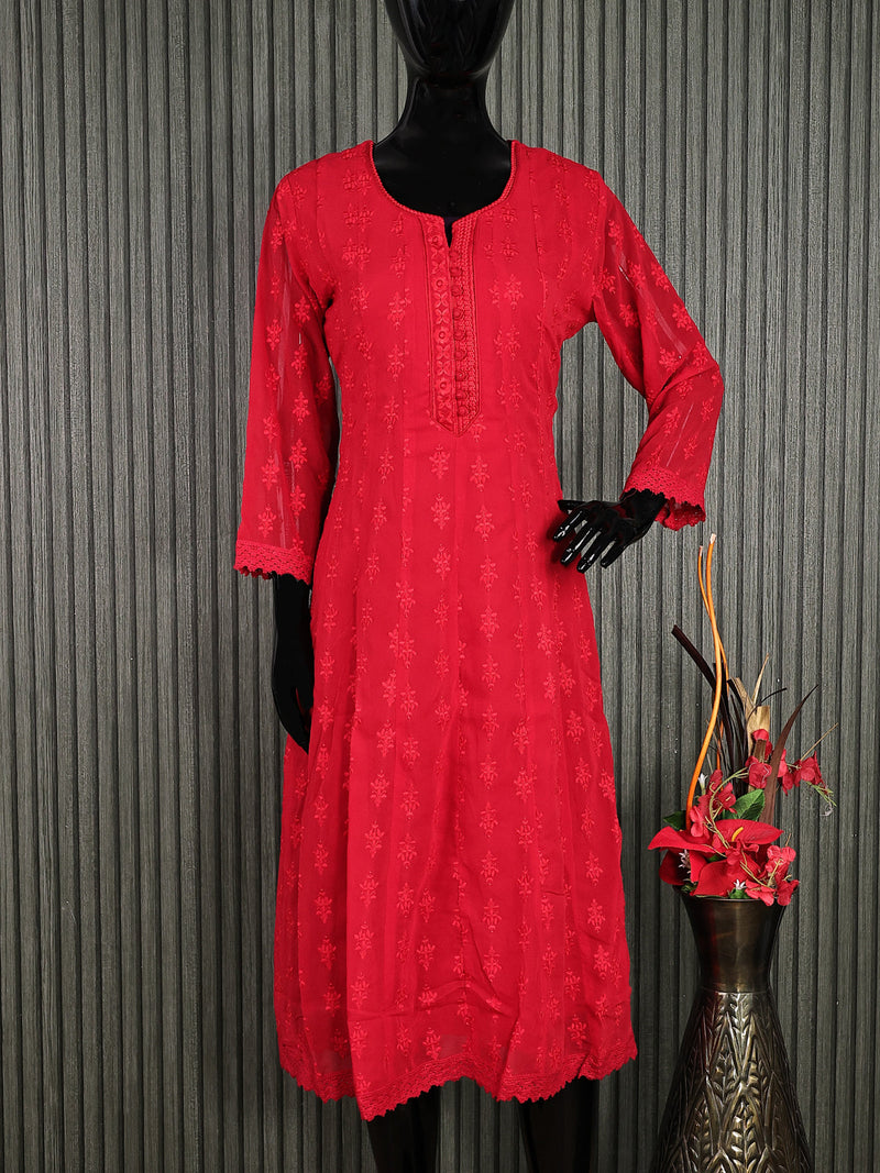 Semi georgette readymade anarkali kurti red with allover chikankari work & simple neck pattern without pant