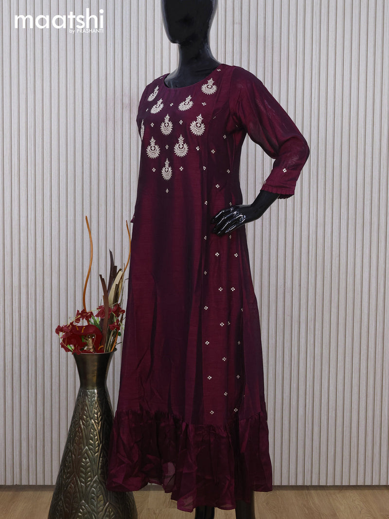 Chanderi readymade umbrella kurti dark purple with embroidery & sequin work neck pattern without pant
