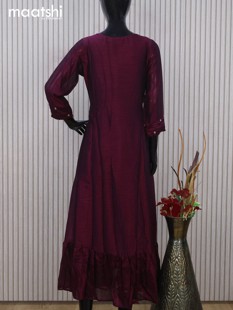 Chanderi readymade umbrella kurti dark purple with embroidery & sequin work neck pattern without pant