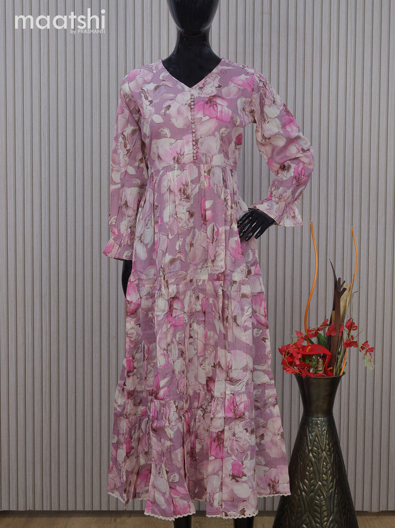 Cotton readymade umbrella kurti mauve pink with allover floral prints & simple neck pattern without pant