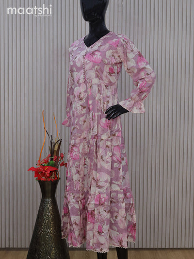 Cotton readymade umbrella kurti mauve pink with allover floral prints & simple neck pattern without pant