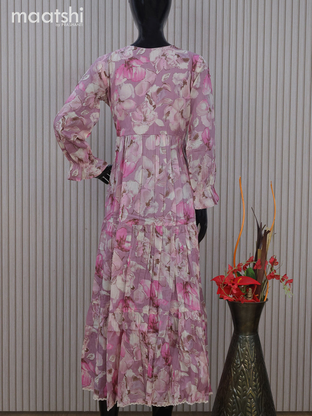 Cotton readymade umbrella kurti mauve pink with allover floral prints & simple neck pattern without pant