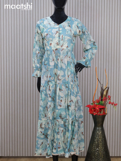 Cotton readymade umbrella kurti teal blue with allover floral prints & simple neck pattern without pant