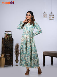 Cotton readymade umbrella kurti teal blue with allover floral prints & simple neck pattern without pant