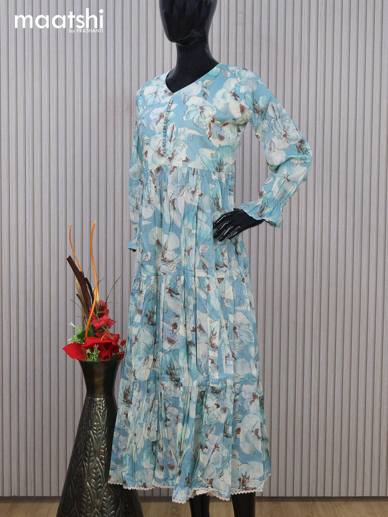 Cotton readymade umbrella kurti teal blue with allover floral prints & simple neck pattern without pant
