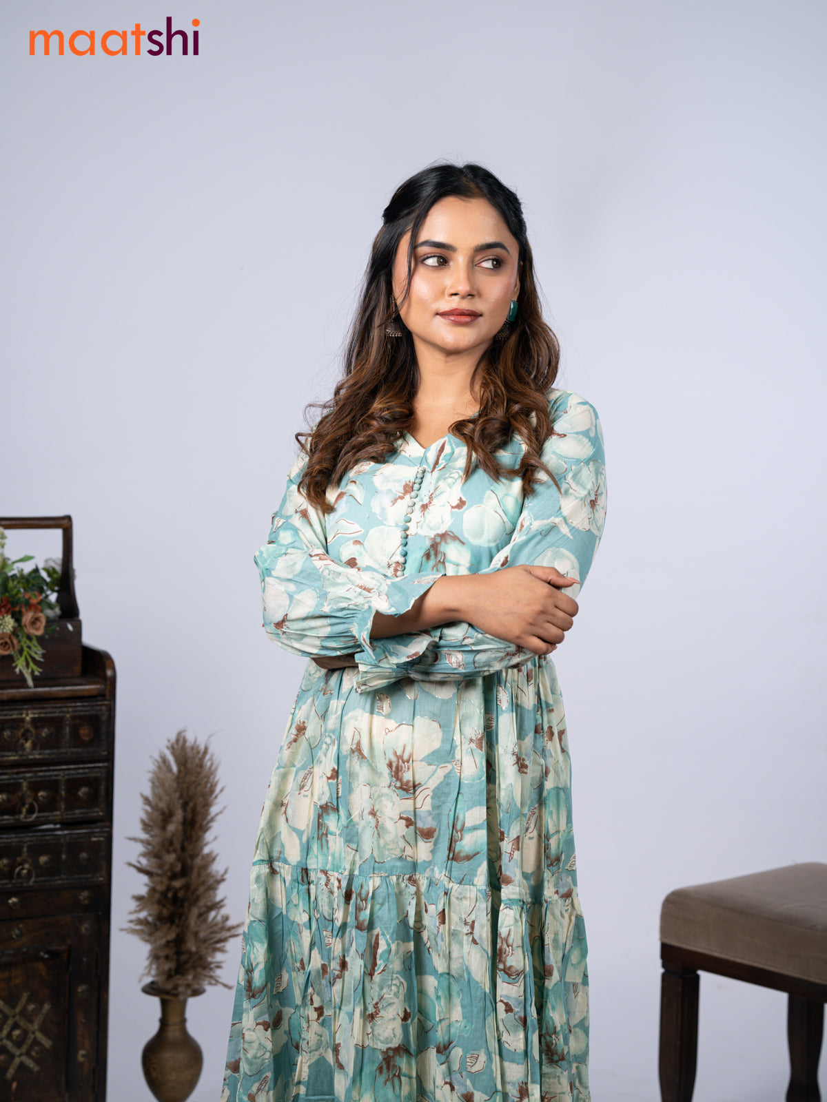 Cotton readymade umbrella kurti teal blue with allover floral prints & simple neck pattern without pant