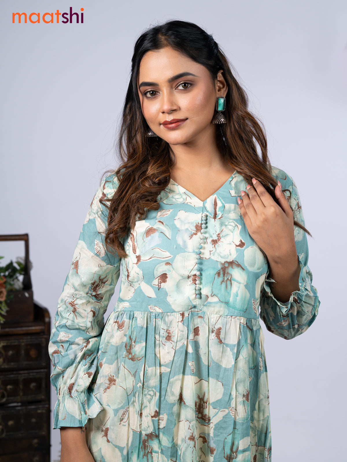 Cotton readymade umbrella kurti teal blue with allover floral prints & simple neck pattern without pant