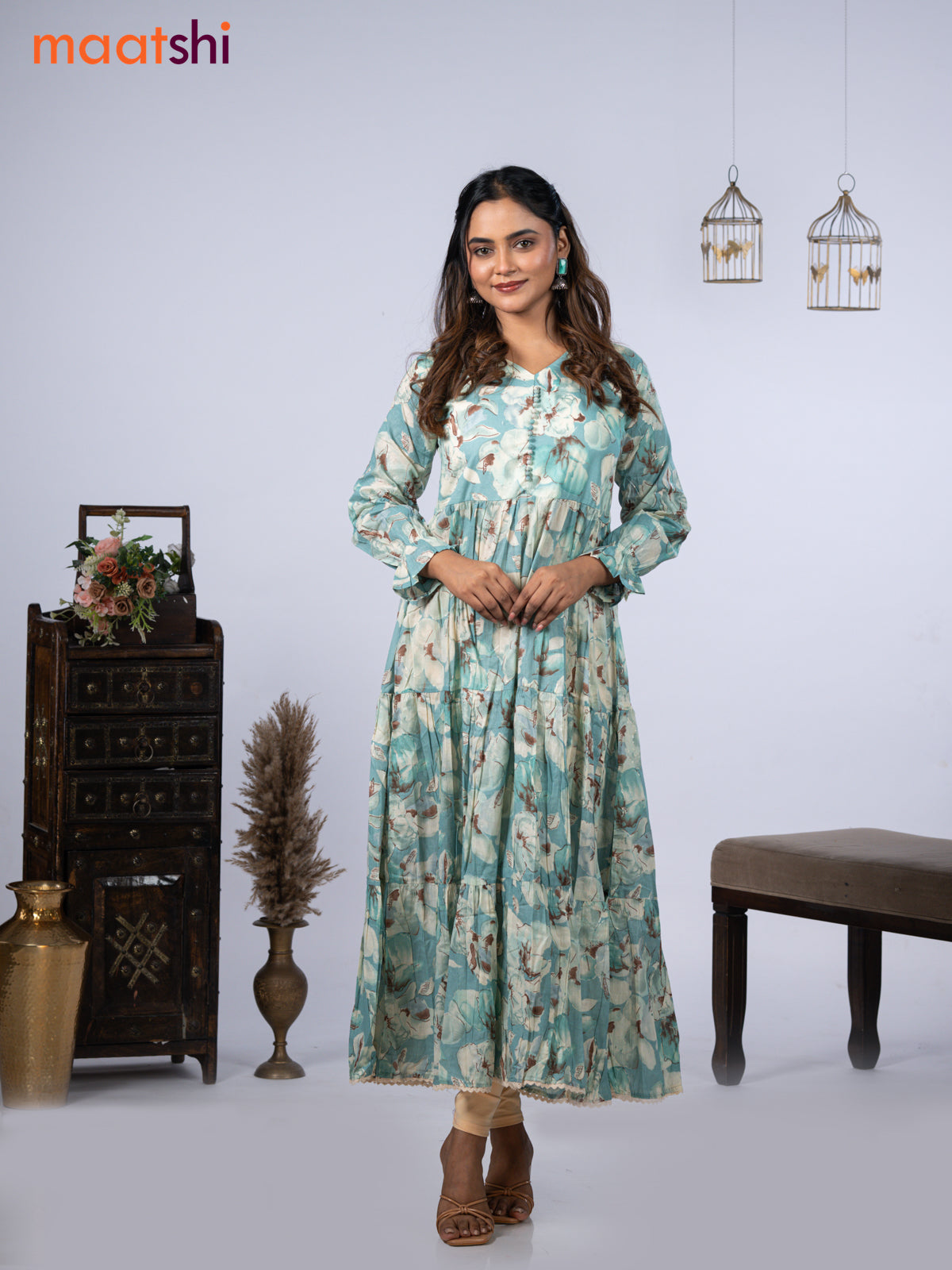 Cotton readymade umbrella kurti teal blue with allover floral prints & simple neck pattern without pant