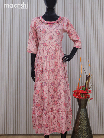 Rayon readymade umbrella kurti pastel peach with allover prints & mirror embroidery work neck pattern without pant