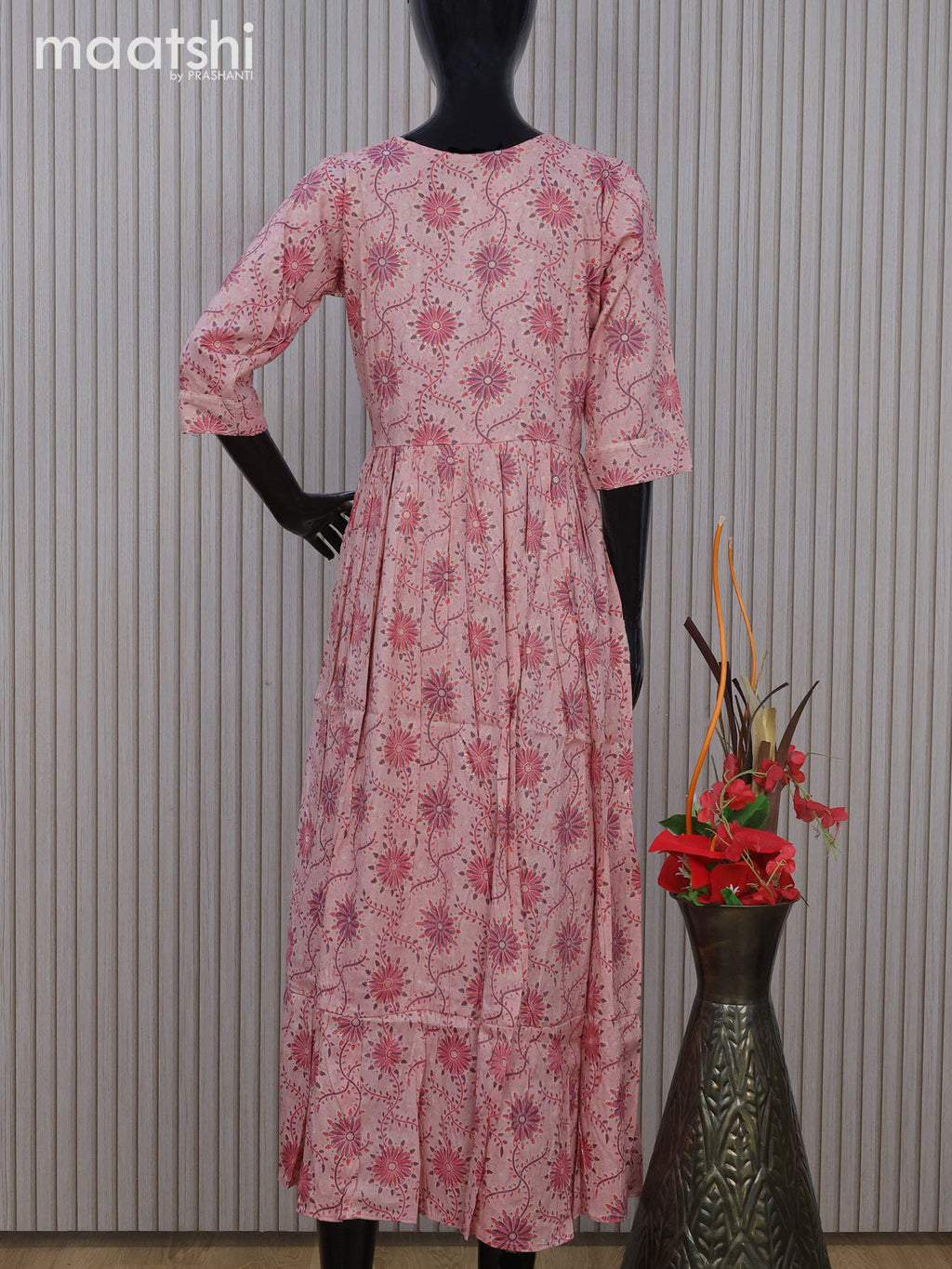 Rayon readymade umbrella kurti pastel peach with allover prints & mirror embroidery work neck pattern without pant