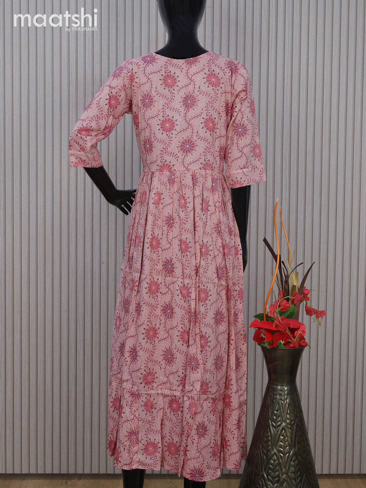 Rayon readymade umbrella kurti pastel peach with allover prints & mirror embroidery work neck pattern without pant