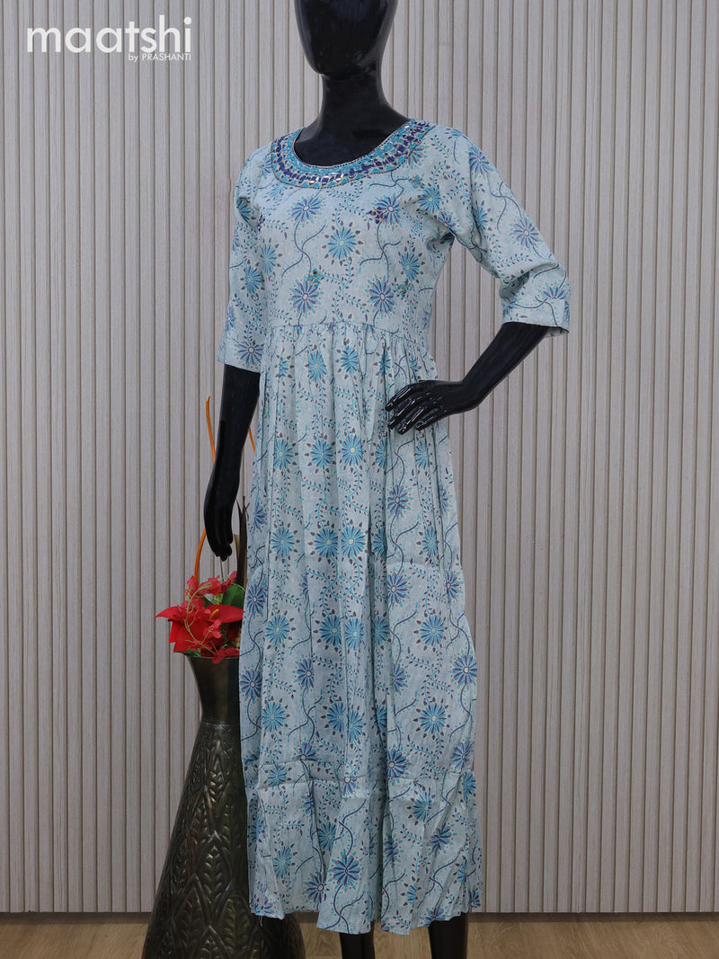 Rayon readymade umbrella kurti pastel blue with allover prints & mirror embroidery work neck pattern without pant