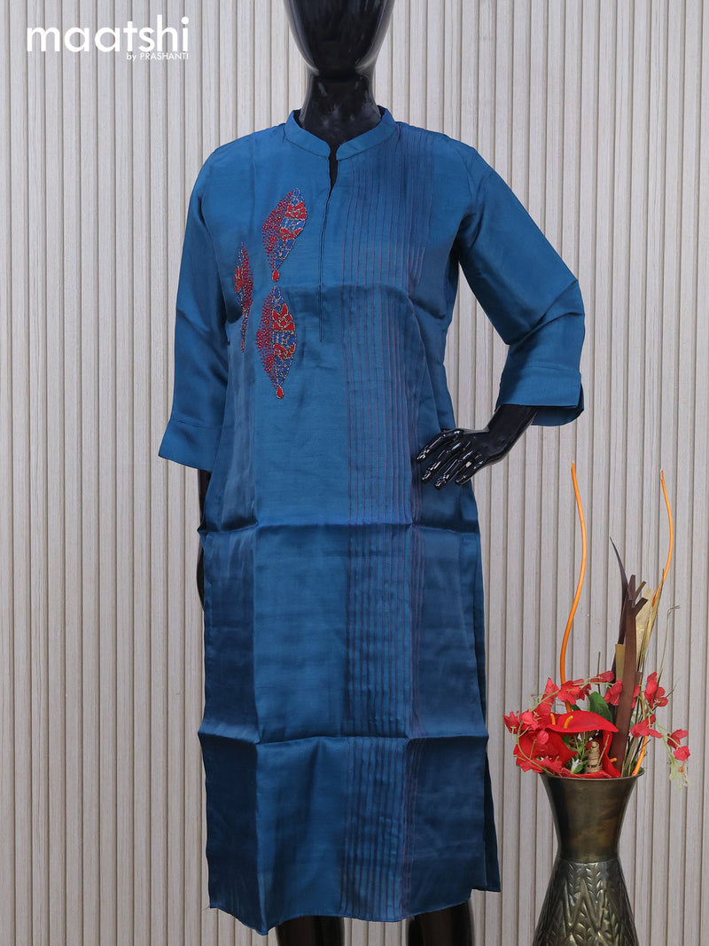 Chanderi readymade kurti peacock blue with embroidery & beaded work neck pattern without pant