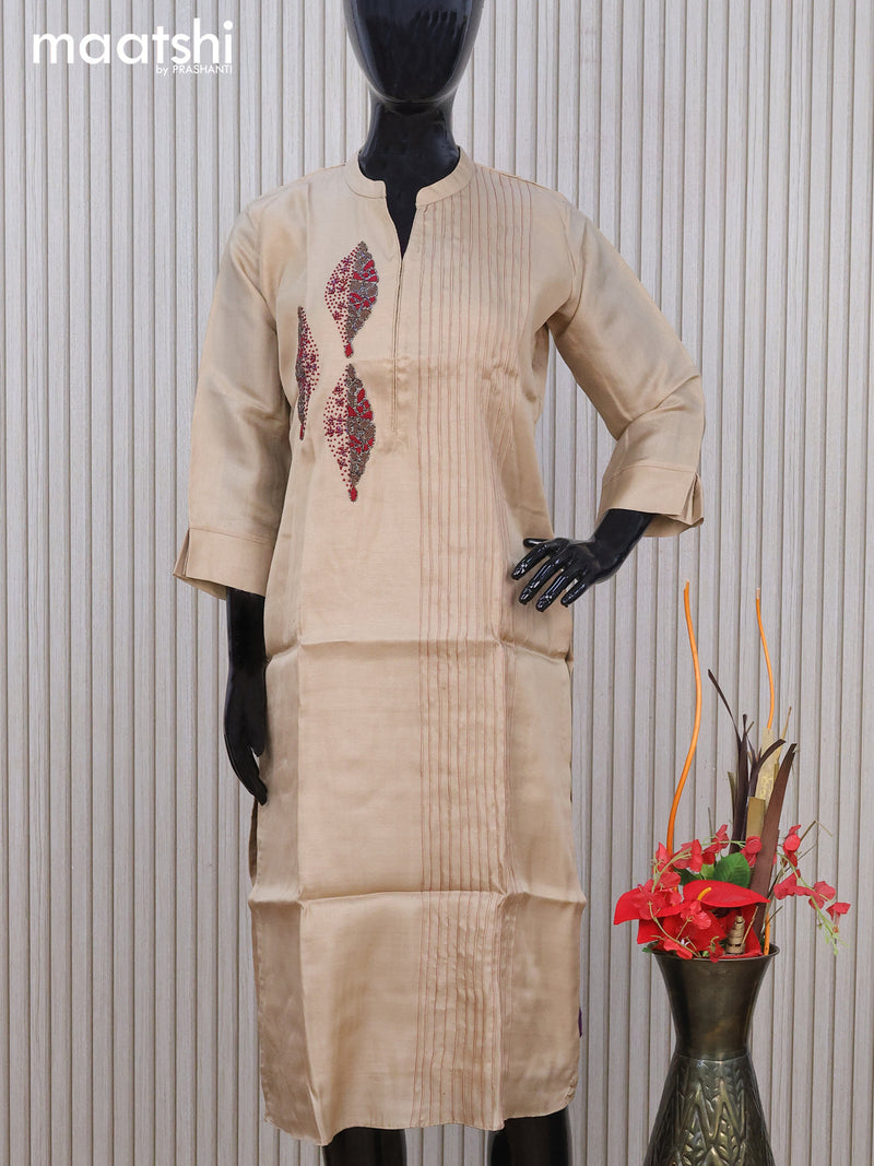 Chanderi readymade kurti beige with embroidery & beaded work neck pattern without pant