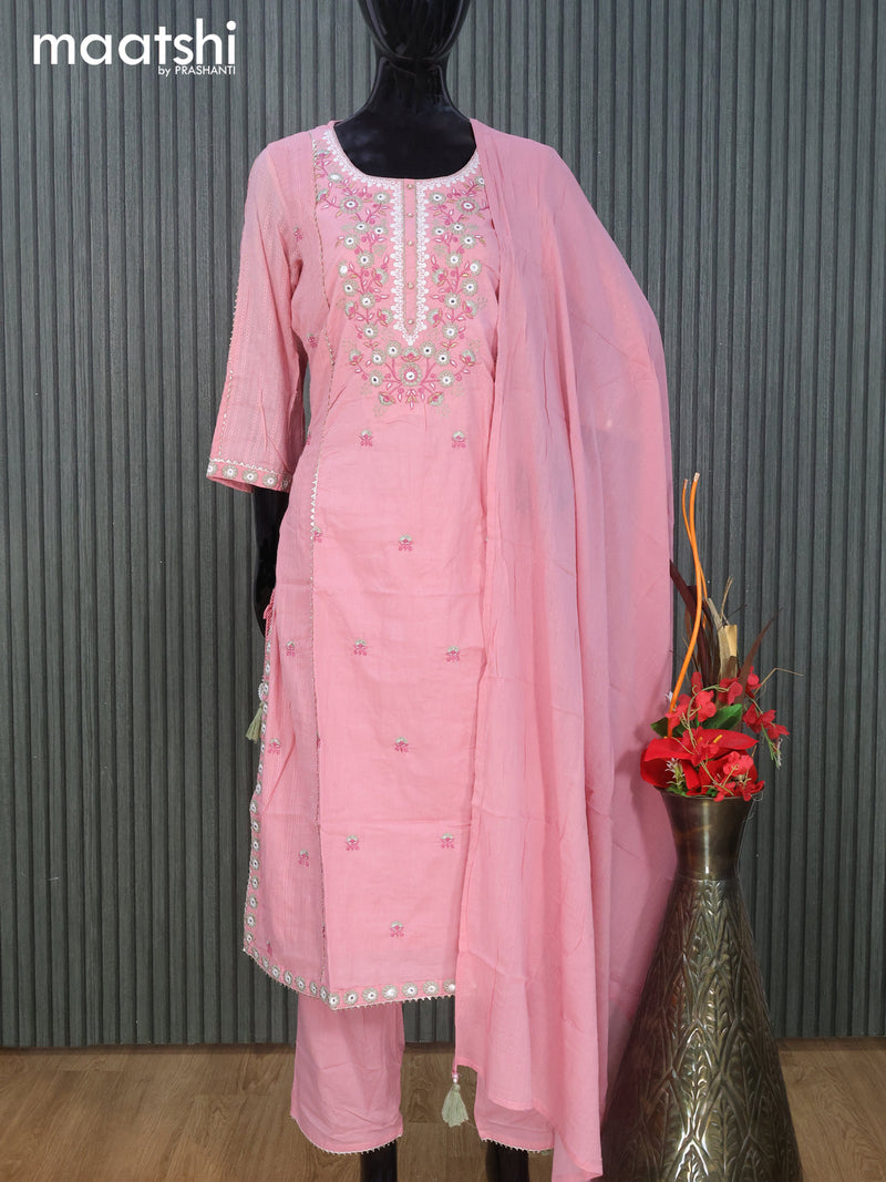 Cotton readymade naira cut salwar suit pink shade with floral embroidery & mirror work neck pattern and straight cut pant & cotton dupatta