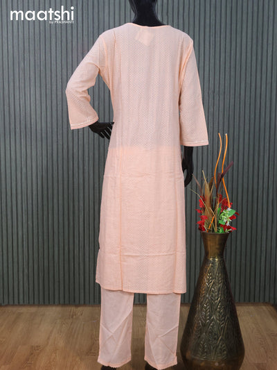 Cotton readymade naira cut salwar suit peach orange with embroidery buttas & embroidery sequin work neck pattern and straight cut pant & cotton dupatta