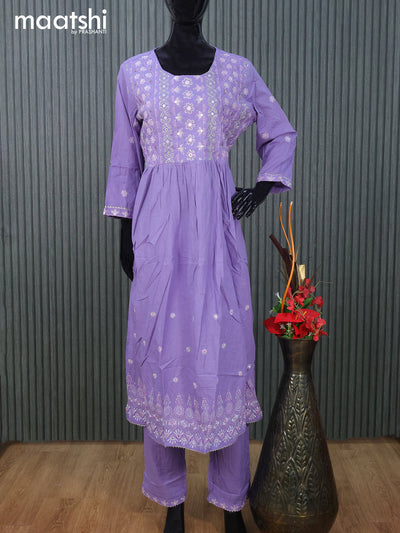 Cotton readymade naira cut salwar suit lavender with floral embroidery & mirror work neck pattern and straight cut pant & cotton dupatta