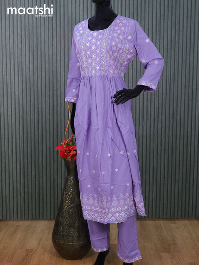 Cotton readymade naira cut salwar suit lavender with floral embroidery & mirror work neck pattern and straight cut pant & cotton dupatta