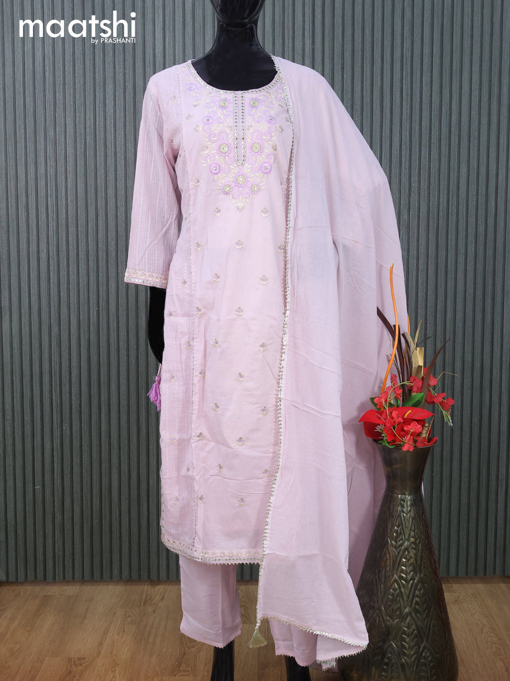 Cotton readymade naira cut salwar suit baby pink with embroidery buttas & embroidery mirror work neck pattern and straight cut pant & cotton dupatta