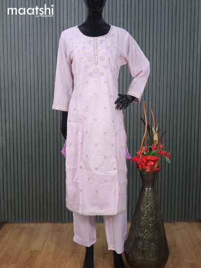 Cotton readymade naira cut salwar suit baby pink with embroidery buttas & embroidery mirror work neck pattern and straight cut pant & cotton dupatta
