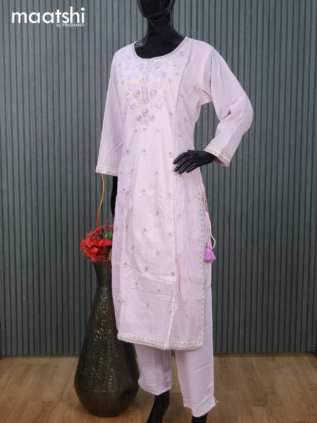 Cotton readymade naira cut salwar suit baby pink with embroidery buttas & embroidery mirror work neck pattern and straight cut pant & cotton dupatta