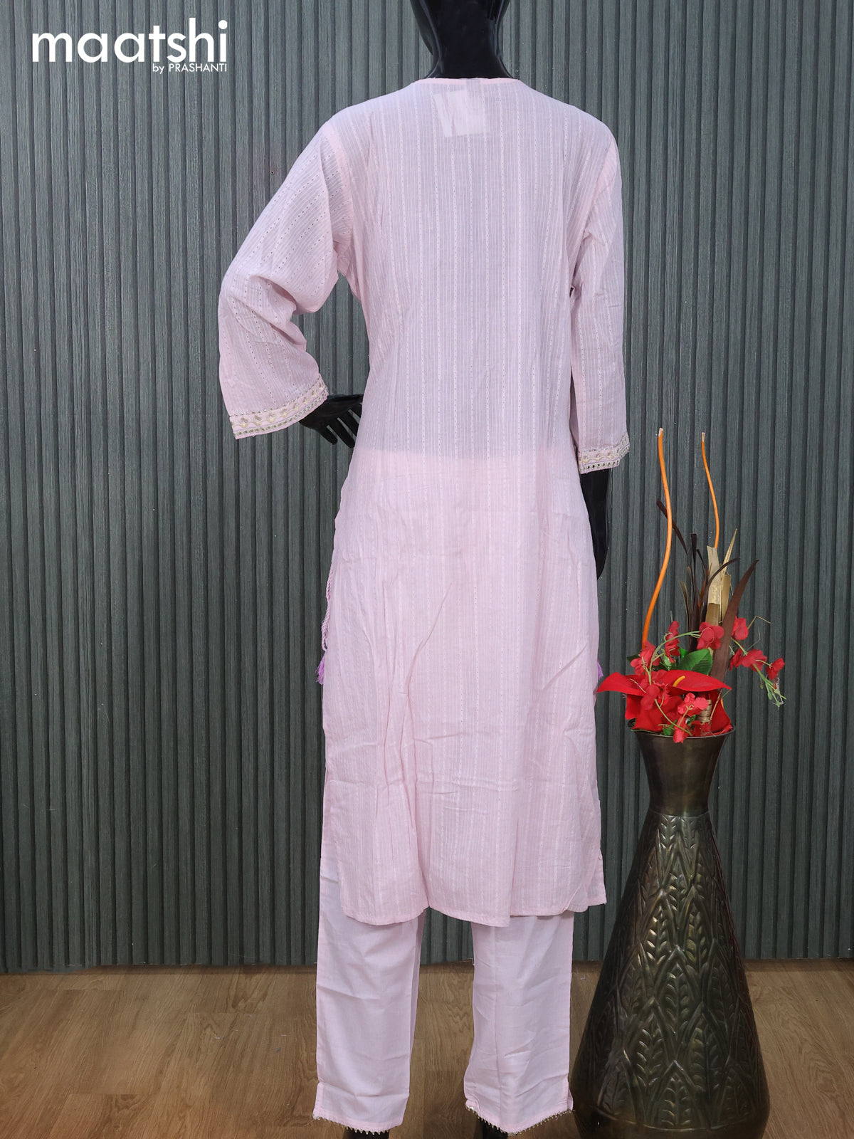 Cotton readymade naira cut salwar suit baby pink with embroidery buttas & embroidery mirror work neck pattern and straight cut pant & cotton dupatta