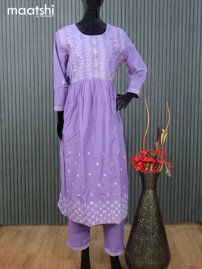 Cotton readymade naira cut salwar suit lavender with embroidery buttas & embroidery mirror work neck pattern and straight cut pant & cotton dupatta
