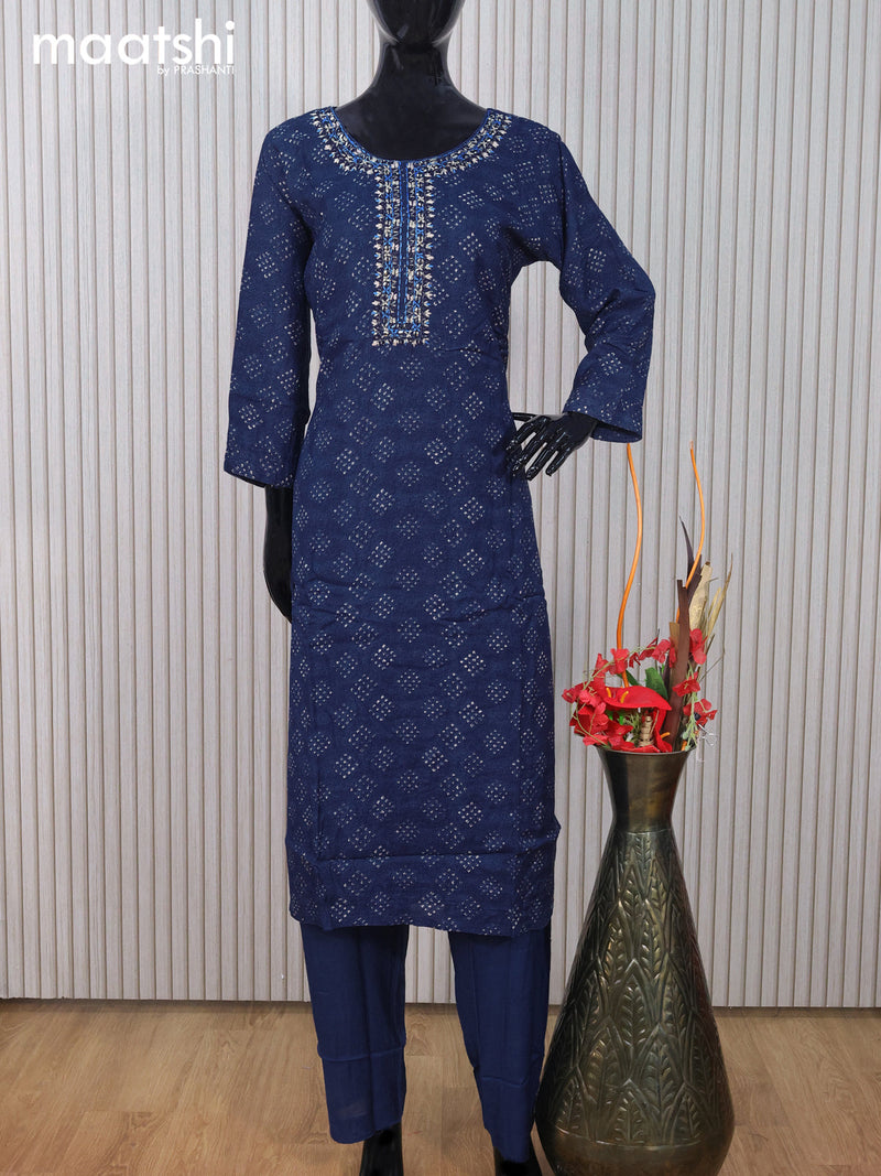Muslin readymade salwar suit peacock blue with allover prints & mirror embroidery work neck pattern and straight cut pant & dupatta